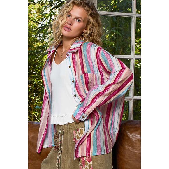 POL Striped Pattern Long Sleeves Chest Pocket Button Down Oversized Shirt | Pink - Picture 7 of 8
